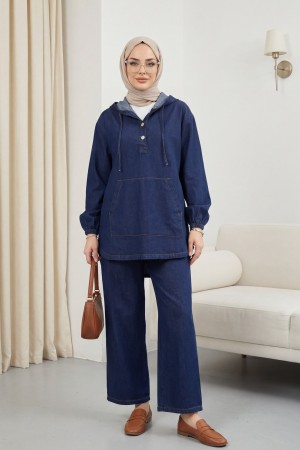 Kapşonlu Yarım Düğmeli Kanguru Cepli Kot Takım -K.Laci