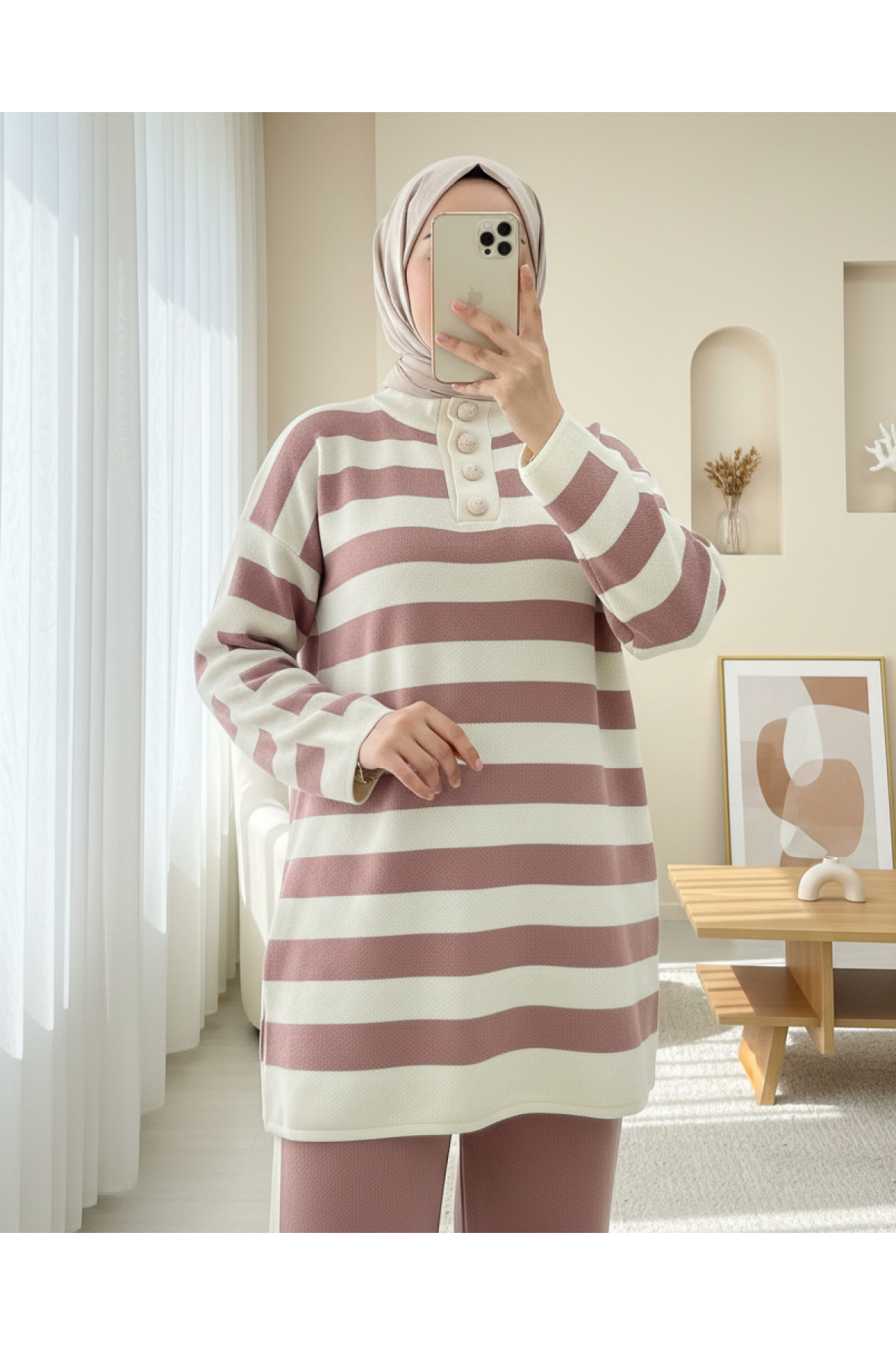 Half-Turtleneck Buttoned Collar Thick Striped Knitwear Suit -Dried rose