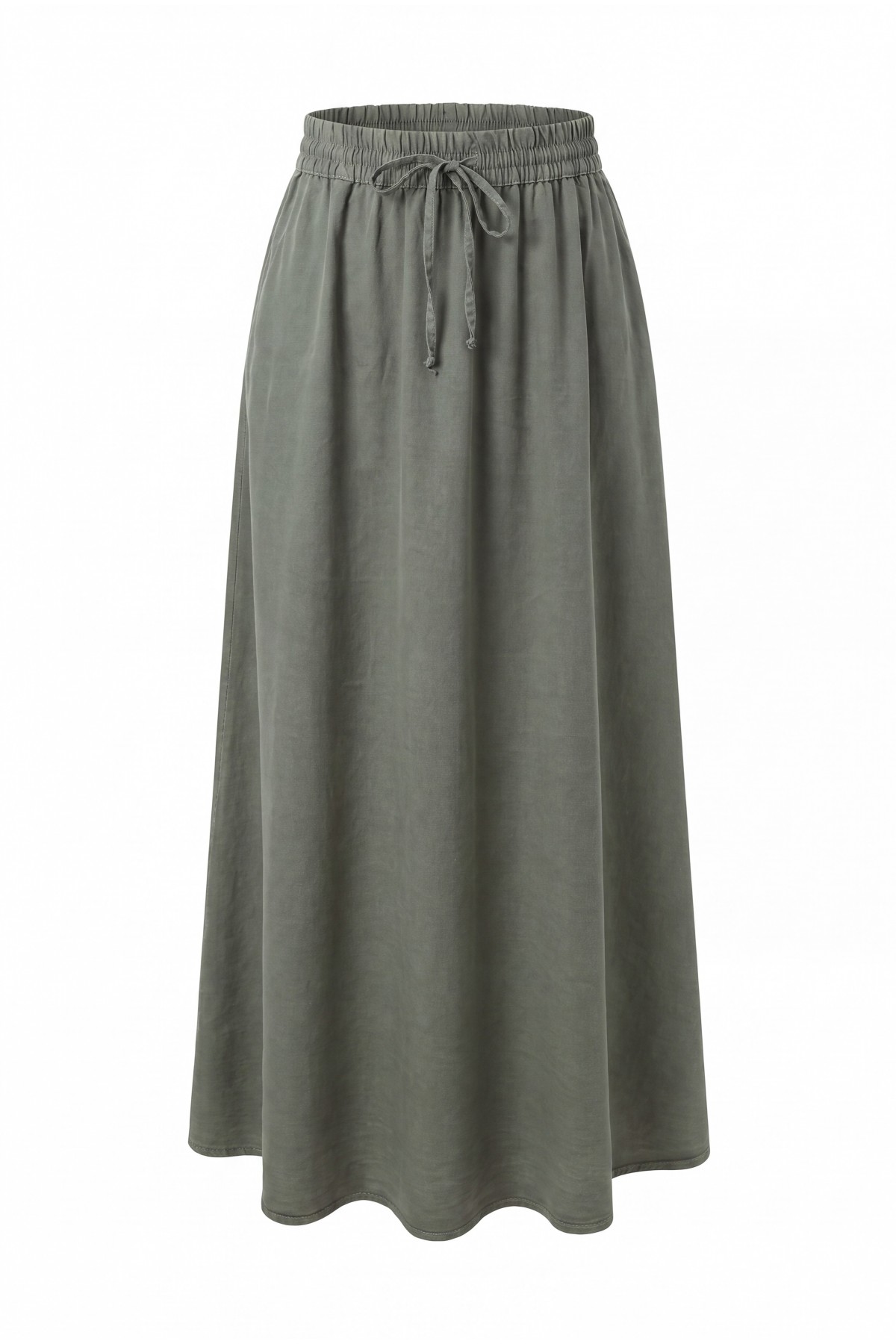 Tencel Skirt with Elastic Waistband, Drawstring Detail, and Pockets -Khaki