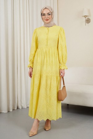 Yarım Düğmeli Dantel Detaylı Robadan Elbise -Sarı