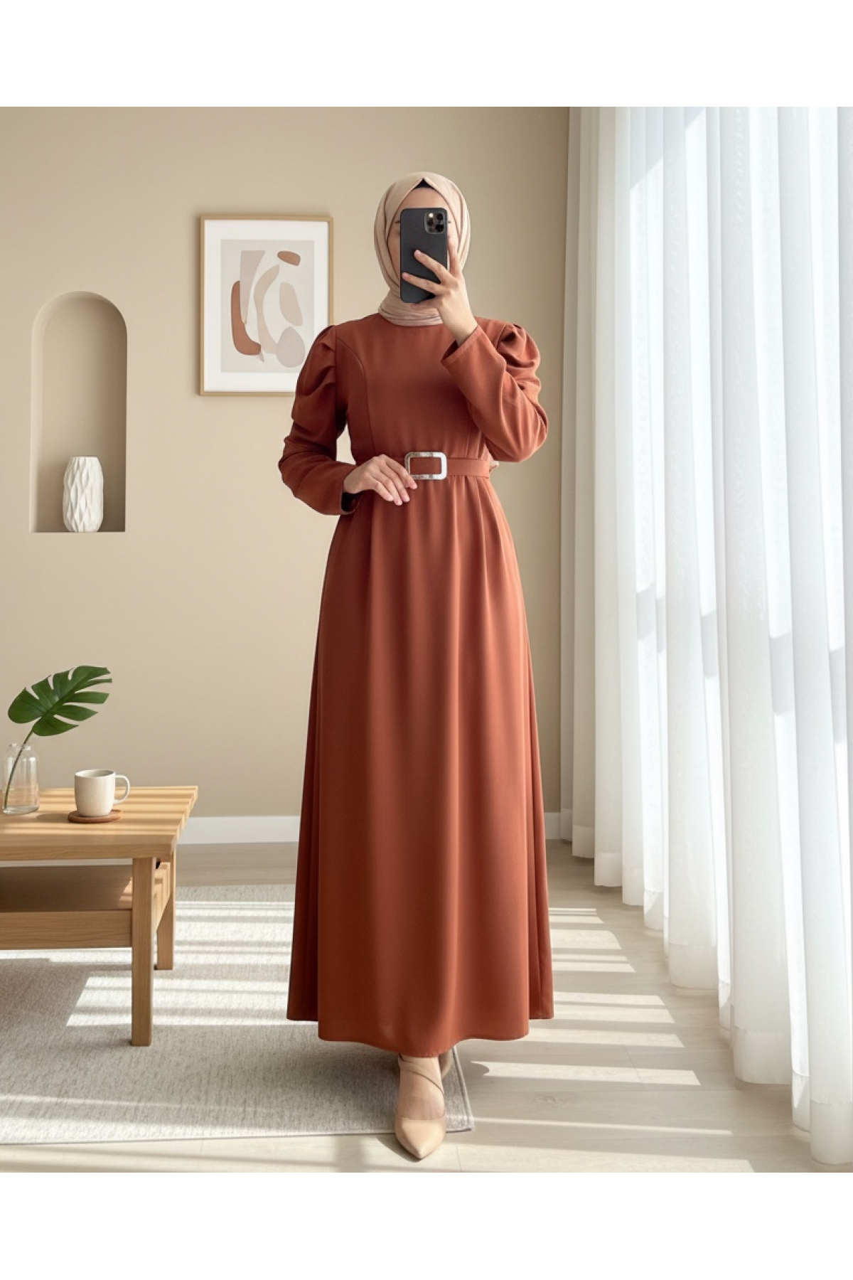 Watermelon Sleeve Buckle Belted Dress -Snuff