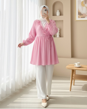 Fırfırlı Önü Bağcıklı Kolu Lastikli Kimono  -Pudra