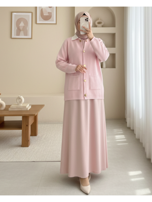 Önü Düğmeli Çift Cepli Yumoş Triko Hırka -Pudra