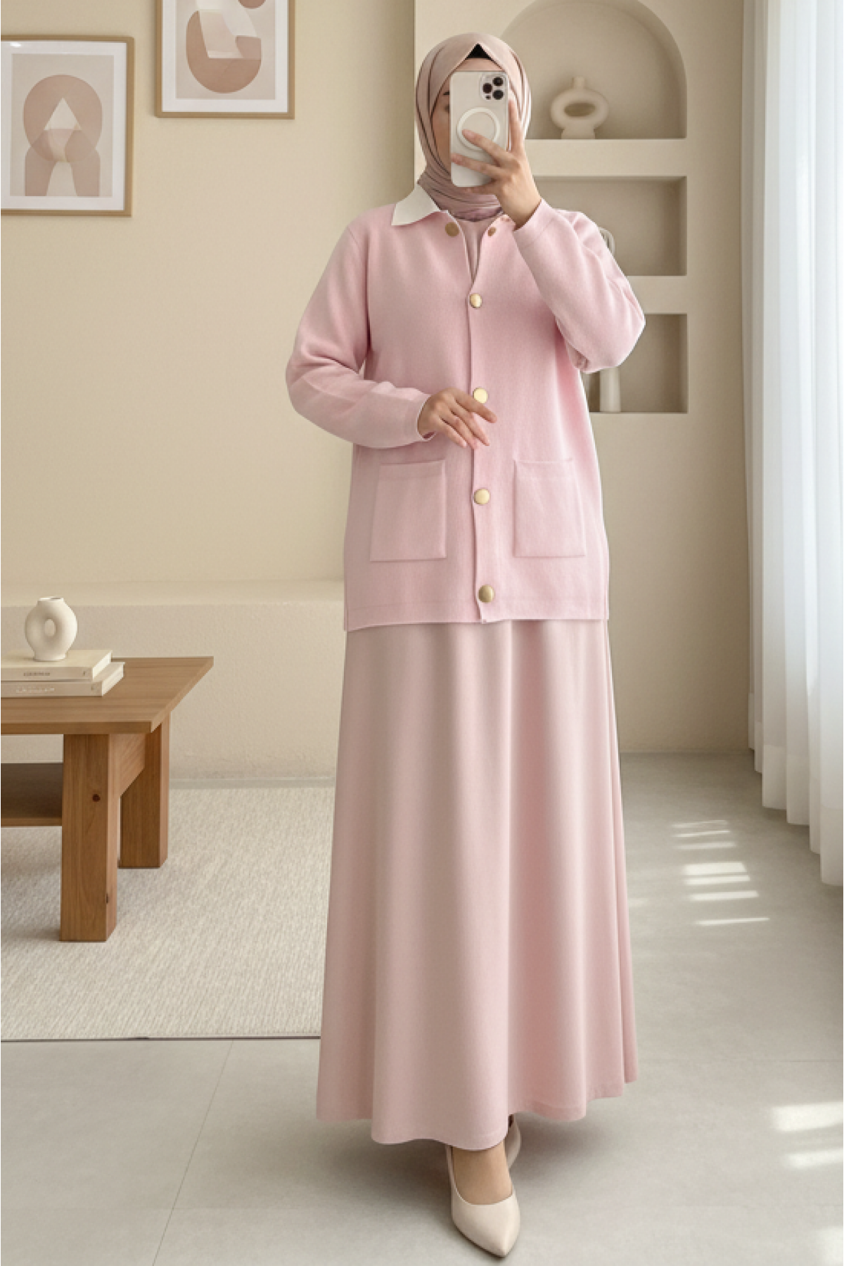 Soft Knit Cardigan with Buttoned Front and Double Pockets -Powder