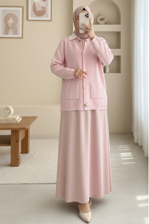 Önü Düğmeli Çift Cepli Yumoş Triko Hırka -Pudra