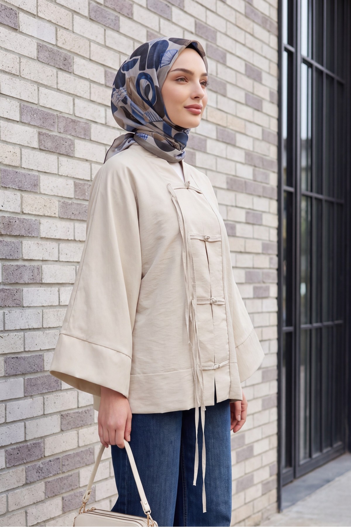 Chinese Knot Closure Mandarin Collar Parachute Kimono -Stone