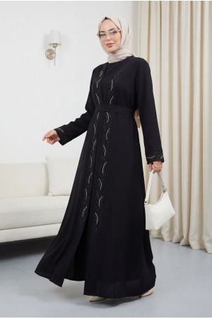 Kuşaklı Taş Detaylı Abaya Siyah HM2803