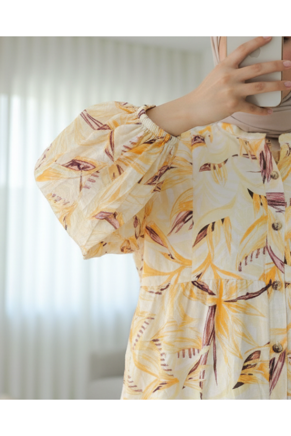 Floral Patterned Half Buttoned Dress with Elastic Sleeves -Mustard