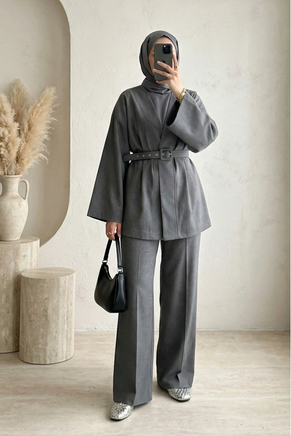 Kemerli Pantolonlu Kimono Takım  -Füme