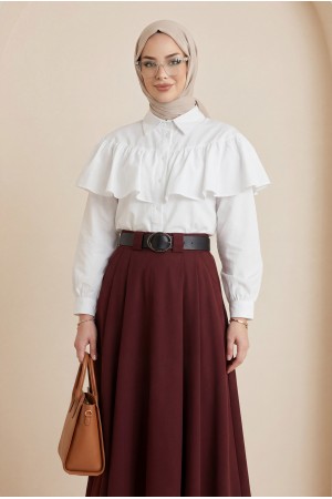 Kalın Kemerli Önü Pileli Yan Cepli Fermuarlı Tivil Etek -Bordo