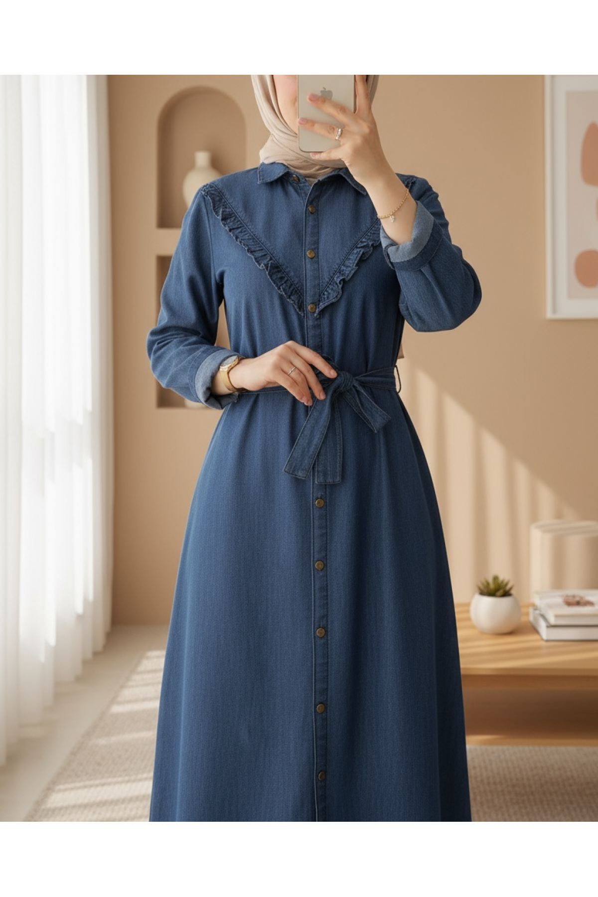 Buttoned Lace-Up Denim Dress-İndigo