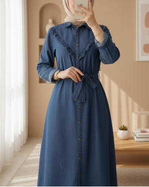 Boydan Düğmeli Beli Bağlamalı Kot Elbise -İndigo