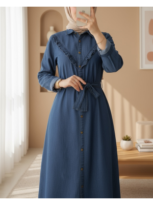 Boydan Düğmeli Beli Bağlamalı Kot Elbise -İndigo