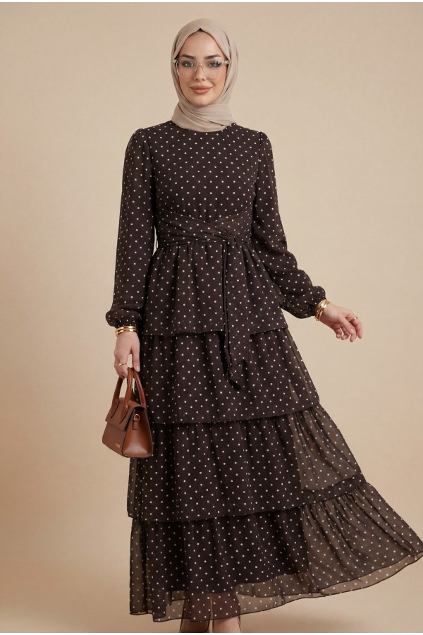 Layered Polka Dot Chiffon Dress with Cross-Tie Skirt -Brown