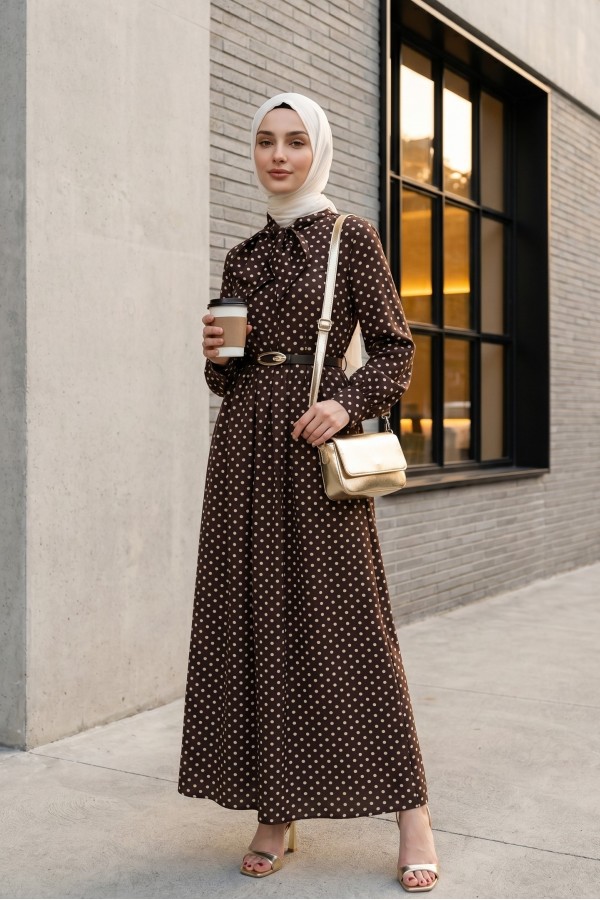 Polka Dot Viscose Dress with Tie Neckline and Belted Waist -Brown