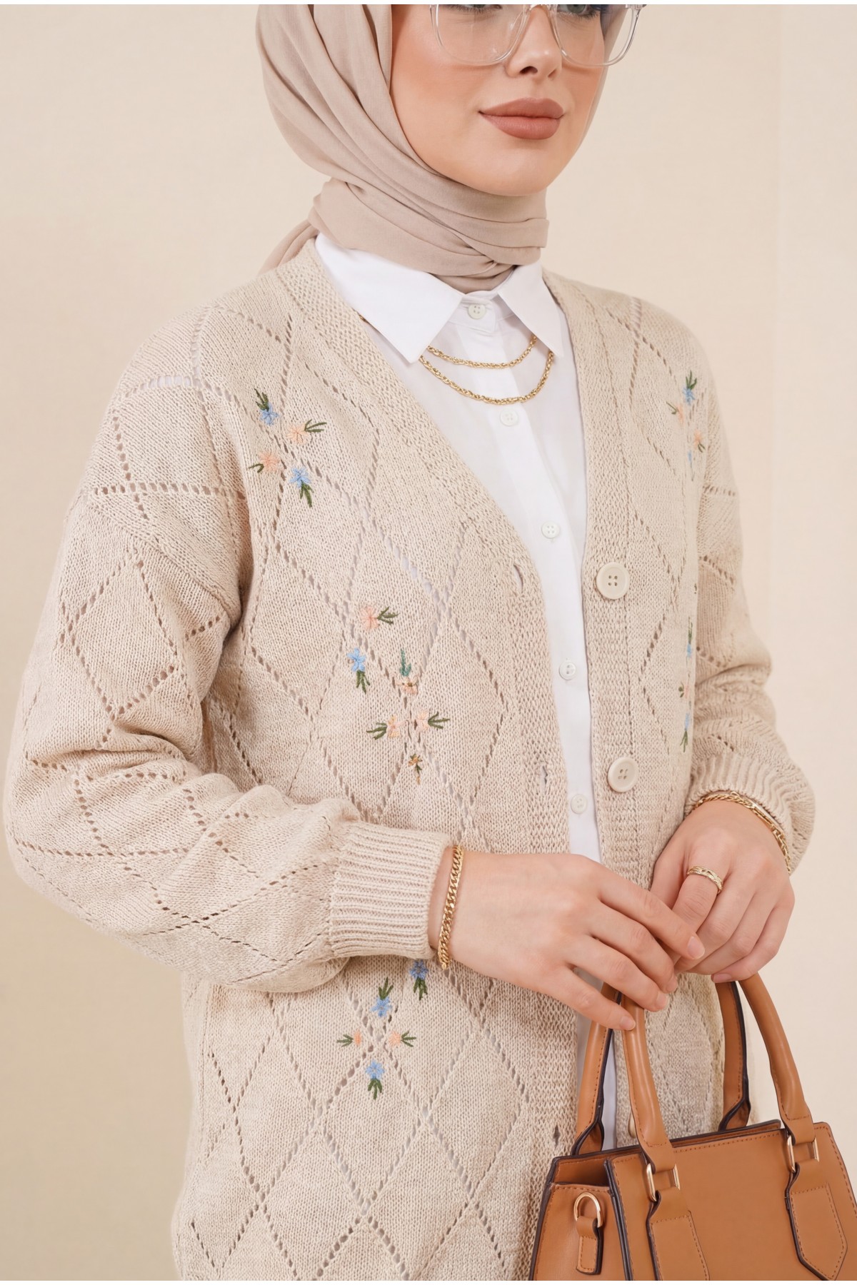 Openwork Floral Embroidered Buttoned Knitwear Cardigan  -Stone