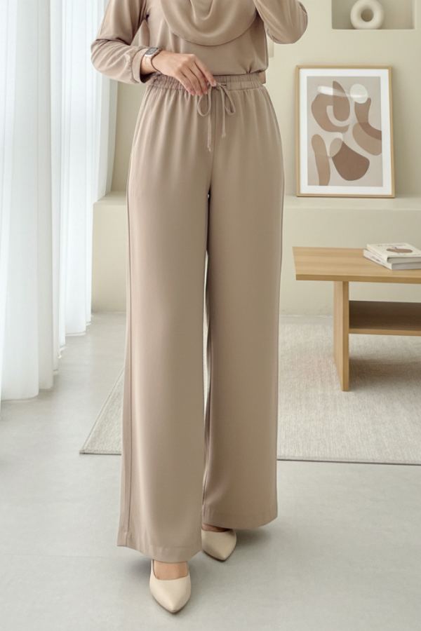 Elastic Waist Laced Wide Leg Modal Fabric Casual Trousers -Mink color