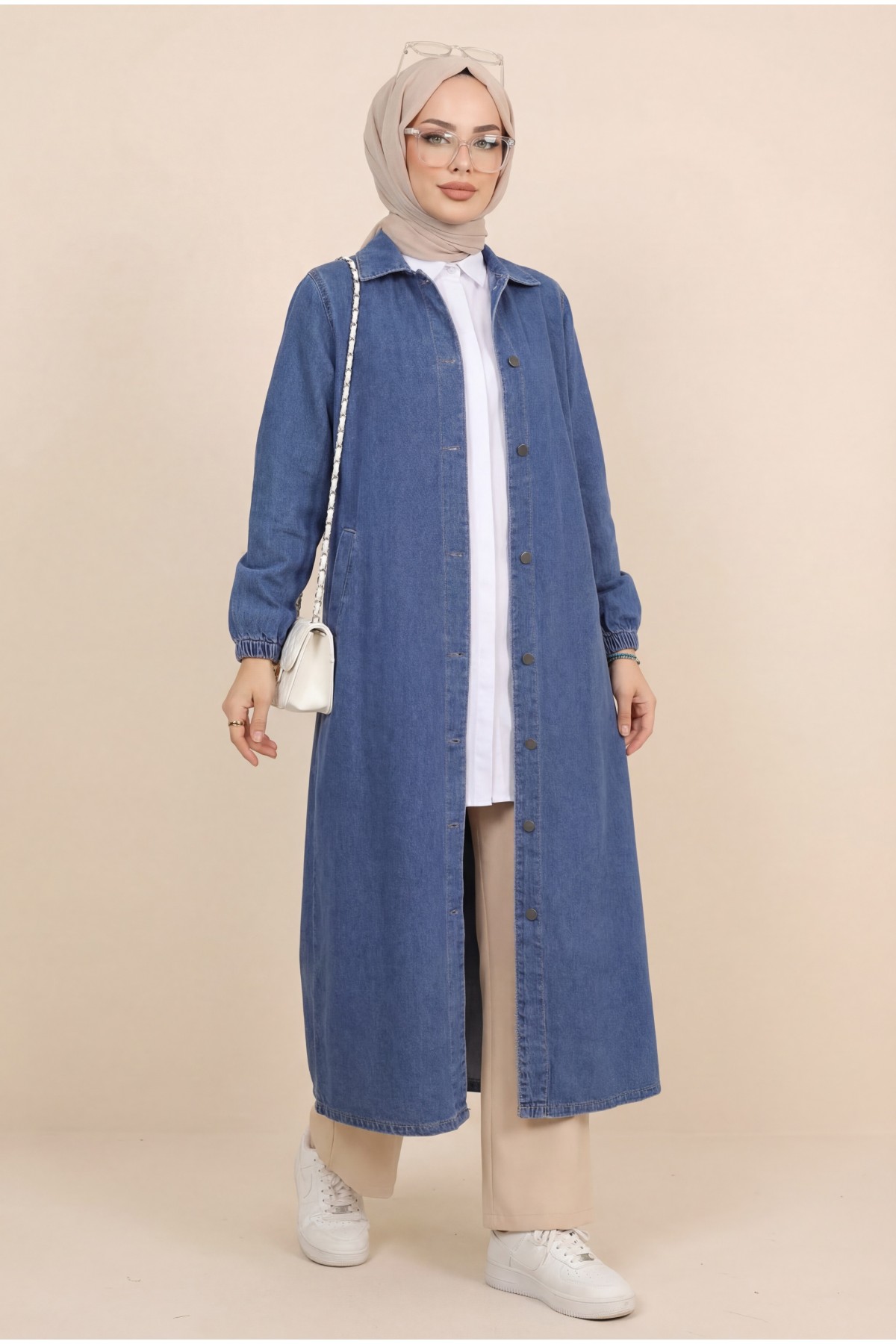 Denim Cap with Elastic Sleeves and Buttons    -Saxe 