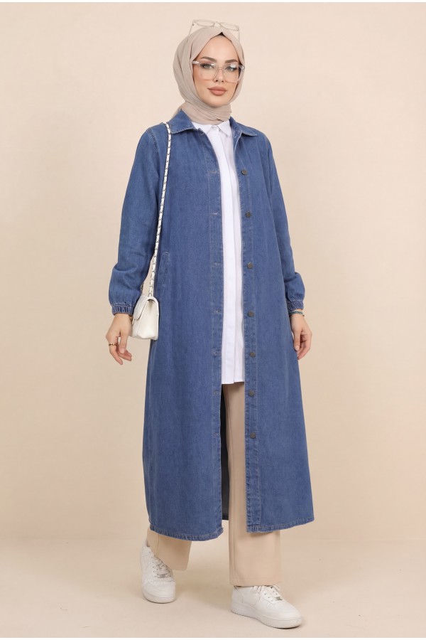 Denim Cap with Elastic Sleeves and Buttons    -Saxe 