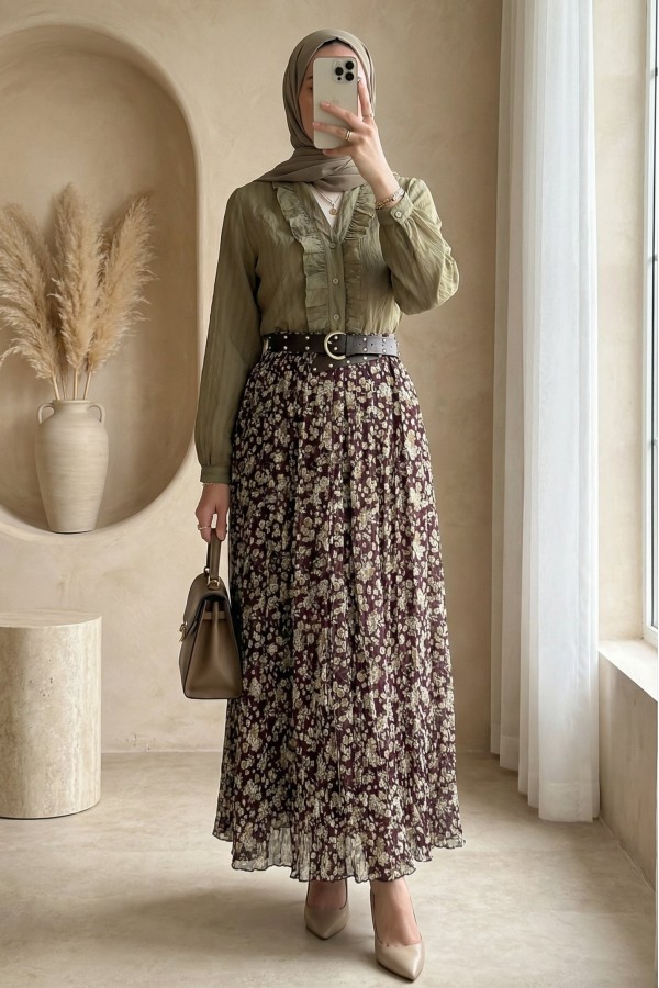 Floral Patterned Lined Chiffon Skirt with Thick Belt -Khaki