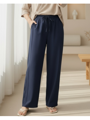 Bağcık Detaylı Bol Paça Beli Lastikli Keten Pantolon -K.Laci