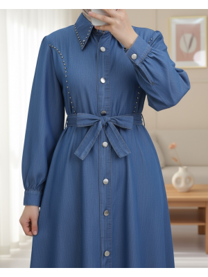 Belden Bağlamalı Önü Düğmeli Boncuklu Kot Elbise -Mavi