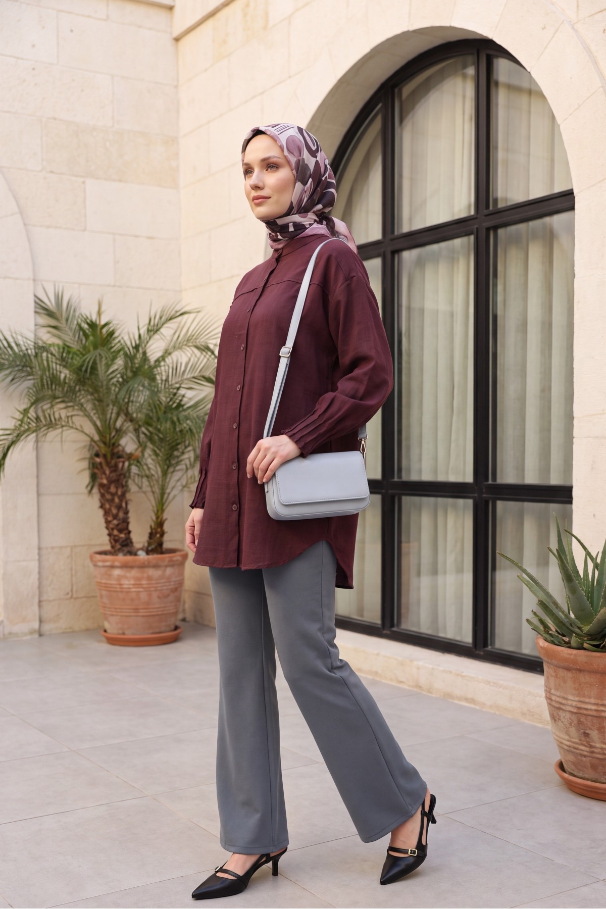 Sleeve Cuff Draped Oval Cut Shirt    -Damson
