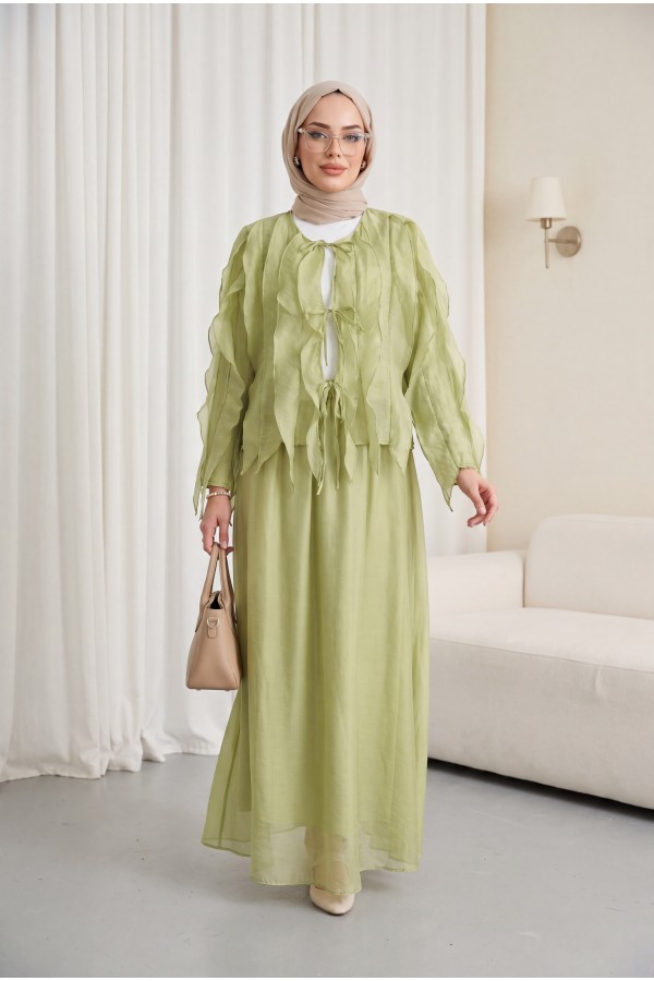 Front-tie ruffled, lined, asymmetrical cut Cupra suit -Cagla Green