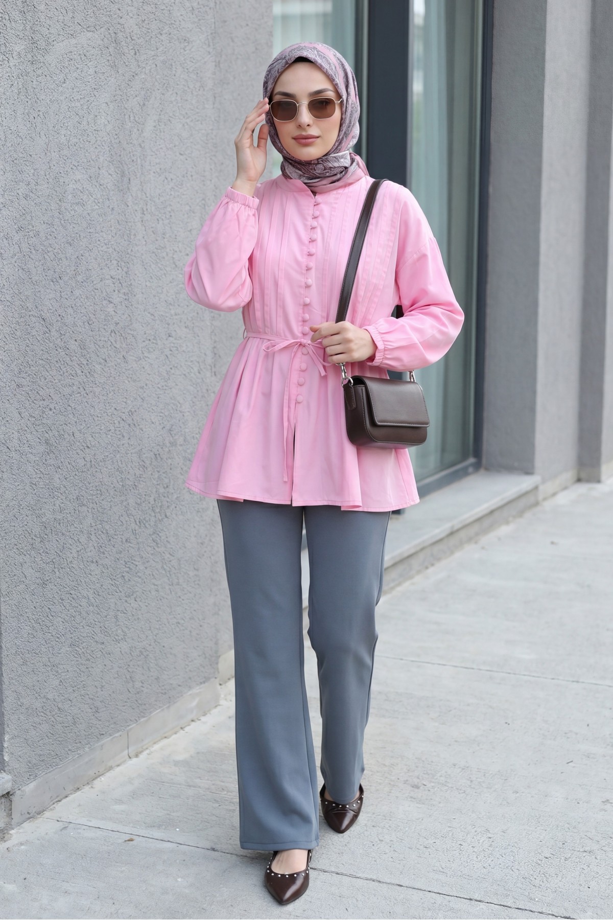Poplin Shirt with Belted, Elasticated Cuffs, Button Front, and Fold Detail  -Pink