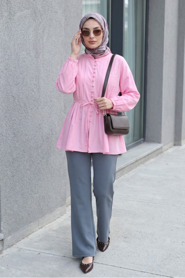Poplin Shirt with Belted, Elasticated Cuffs, Button Front, and Fold Detail  -Pink