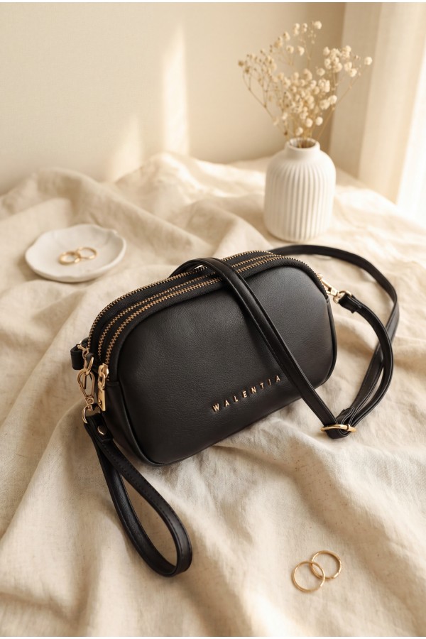 Three-Compartment Mini Clutch Bag with Long Strap -Black