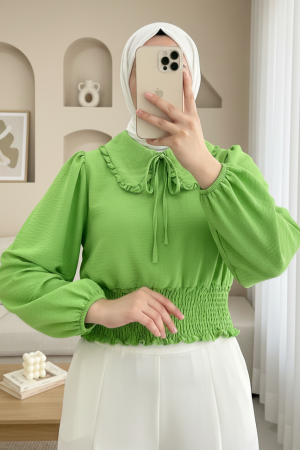 Baby Collar Long Sleeve Blouse with Elastic Waist  -Green