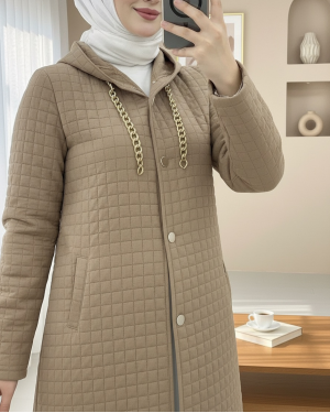 Long Quilted Coat with Chain Detail on Collar  -Mink color