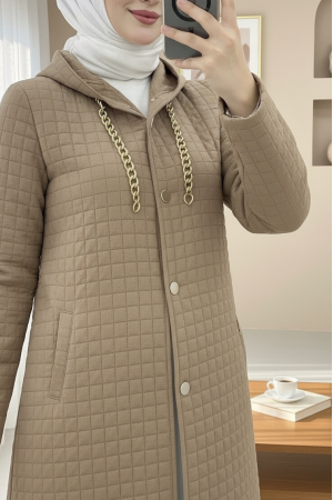Long Quilted Coat with Chain Detail on Collar  -Mink color