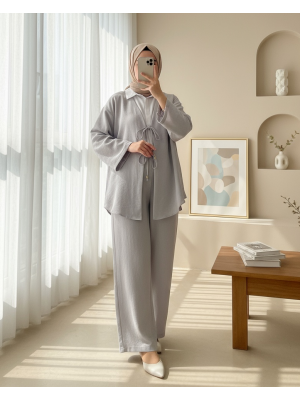 Kimono Set with Double Front Tie and Trousers    -Grey