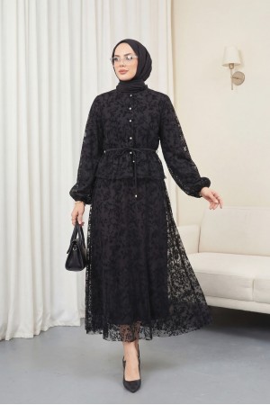 Dik Yaka Flog Baskılı Balon Kol Beli Bağcıklı Etekli Astarlı Tül Takım -Siyah