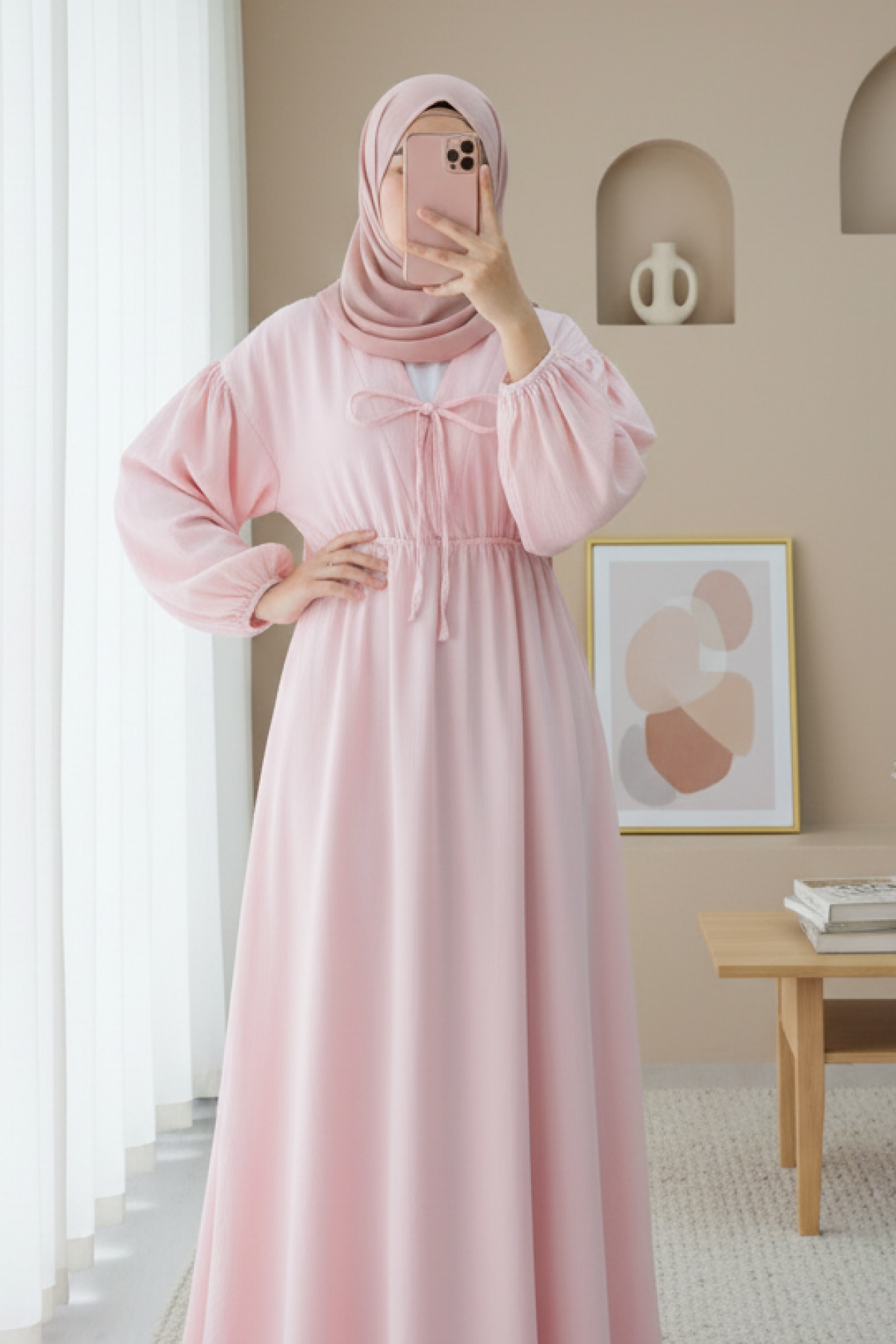 Muslin Dress with Elasticated Waist and Sleeves, Tied Collar -Powder