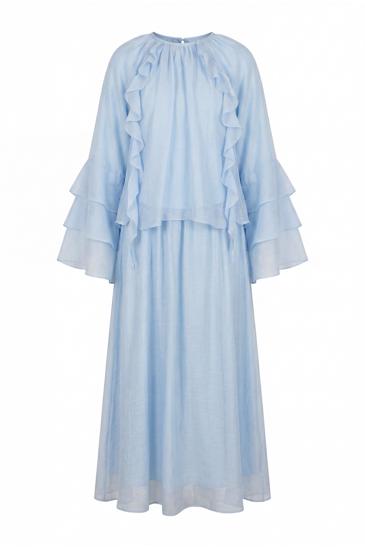 Cupra Suit with Ruffled Front, Spanish Sleeves, Lined, and Lace-Up Skirt -Baby Blue detay görseli