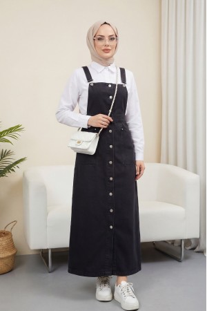 Boydan Düğmeli Çift Cepli Kot Salopet -Siyah