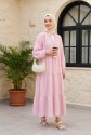 V Neck Half Buttoned Elastic Sleeve Paneled Muslin Dress -Pink