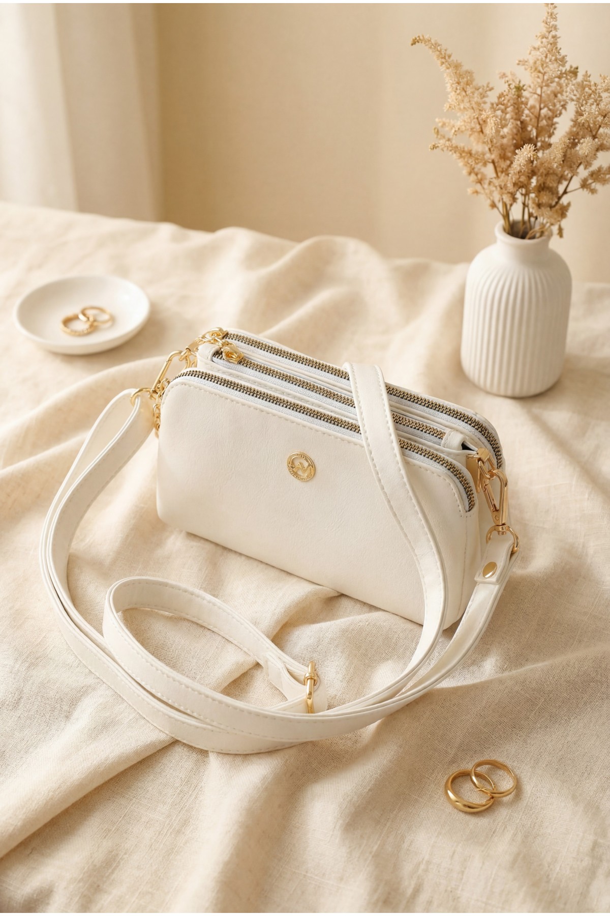 Three-Compartment Center Shoulder Crossbody Bag -White