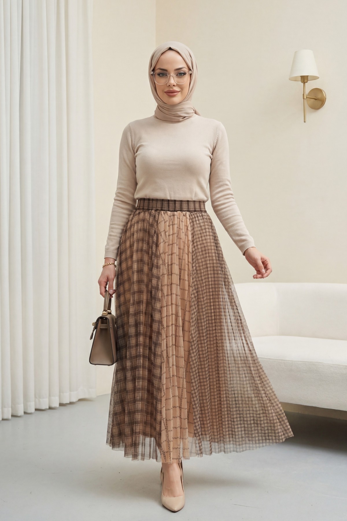 Square Patterned Tulle Skirt with Elastic Waistband and Lining -Mink color