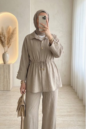 Tünel Bağcıklı Beli Lastikli Pantolonlu Pamuklu Krinkıl Takım -Vizon