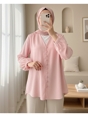 V Yaka Düğmeli Arkası Uzun Gömlek -Pembe