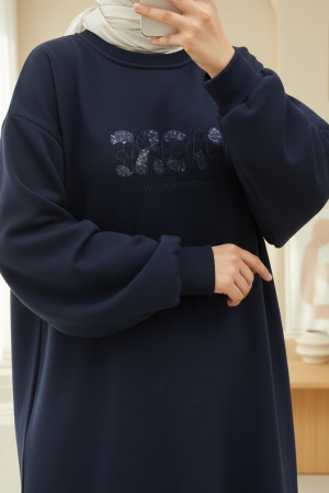 Three  Thread Sweater with Sequin Detail and Script on the Front -Navy blue