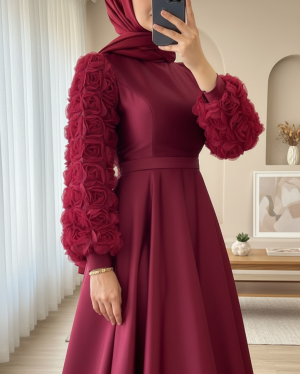 Eteği Ve Kolları Gül Detaylı Saten Abiye  -Bordo