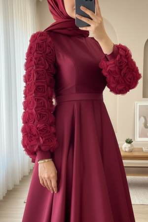 Eteği Ve Kolları Gül Detaylı Saten Abiye  -Bordo