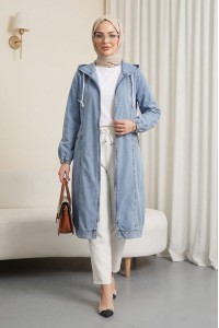 Kapşonlu Cepli Kolu Lastikli Önü Fermuarlı Kot Kap -Buz Mavi