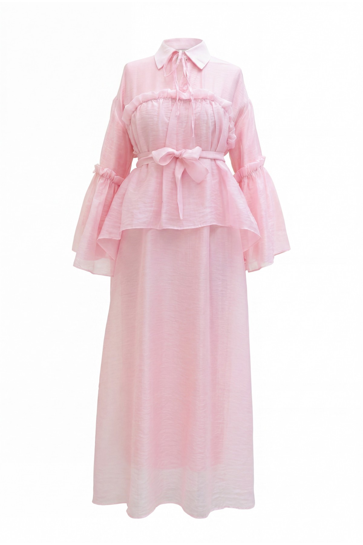 Belted Tulle Voile Dress with Tie Neck and Ruffle Detail -Powder