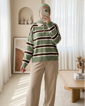 Polo Collar Buttoned Colorful Striped Knit Sweater  -Green
